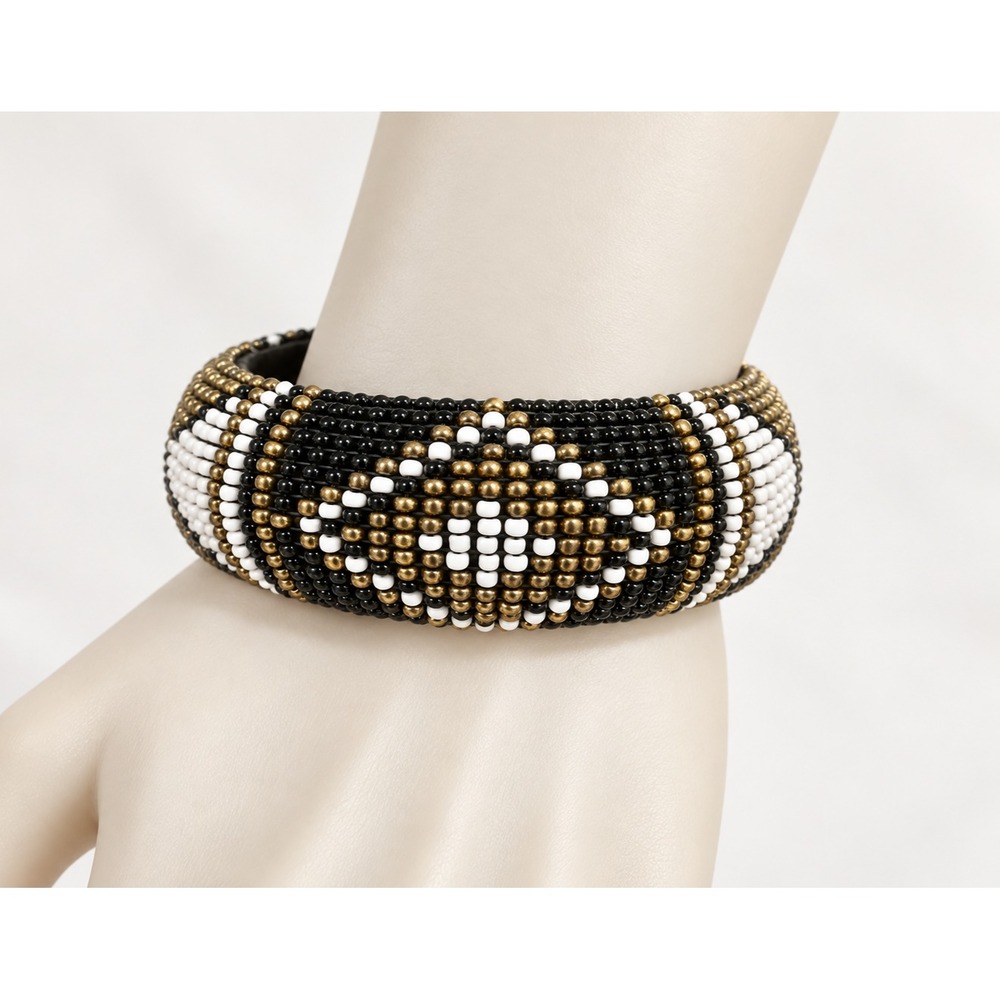 Black White Gold Seed Bead Wide Bangle Bracelet Tribal Geometric 8" Cloth Lined